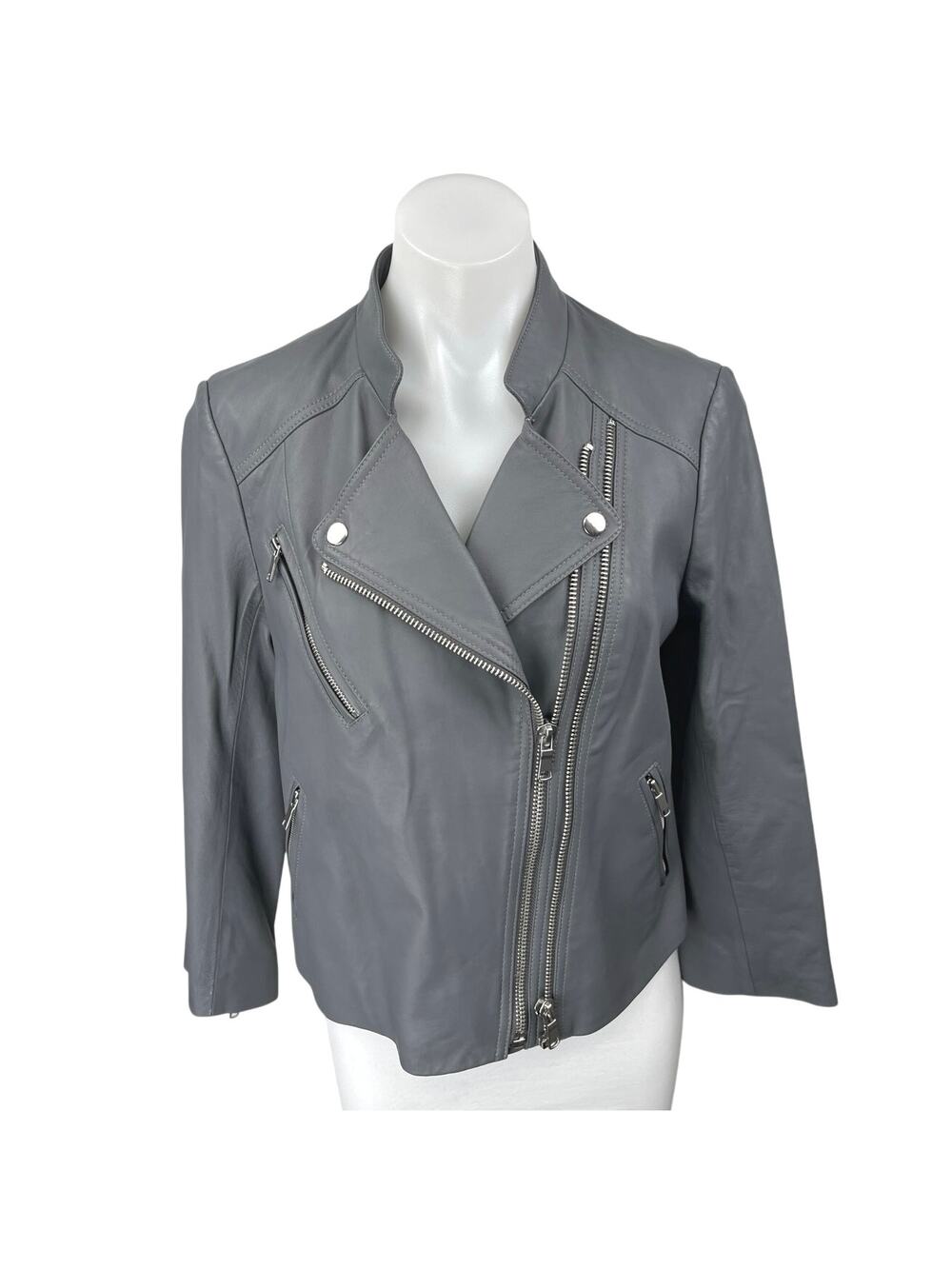 Joie Casella Women's Gray Lamb Leather Asymmetric Zip Moto Biker Coat Jacket L